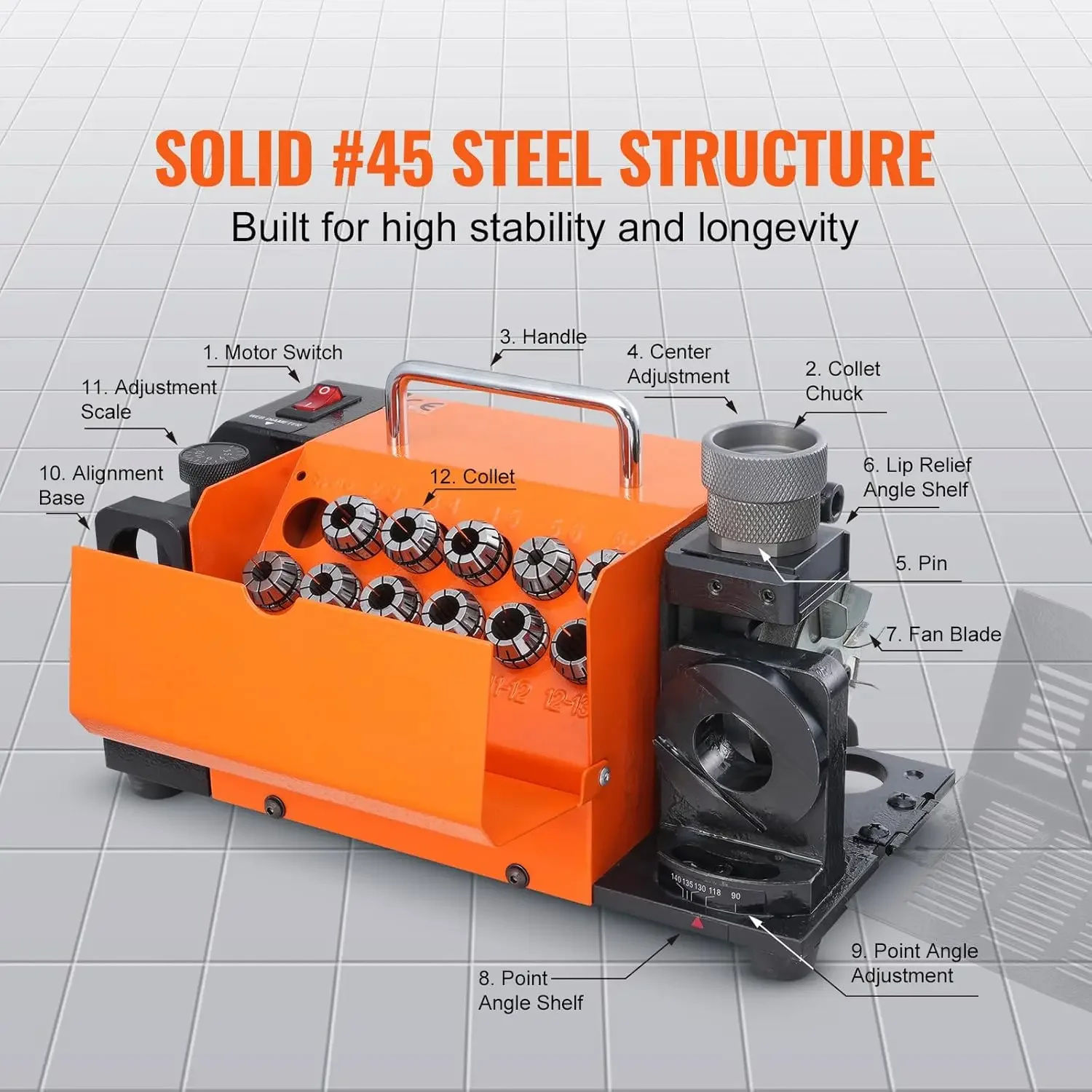Drill Bits Sharpener, 3-13mm Drill Bits Grinder Sharpener, Lip Relief Angle & 95°-135° Point Angle Adjustable Drill Bit Re