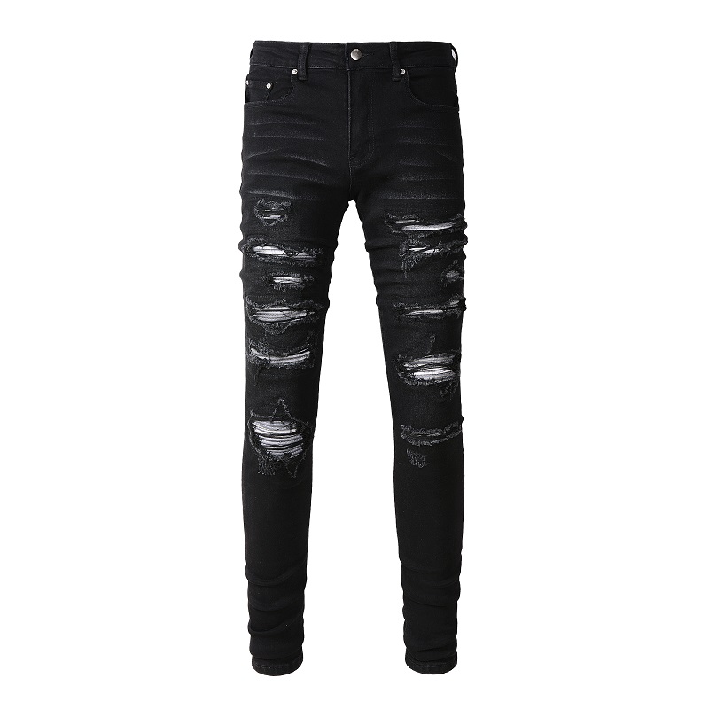 Männer Plissee Patch Biker Jeans Streetwear Skinny Tapered Stretch Denim Hosen Zerrissene Patchwork Schwarze Hosen