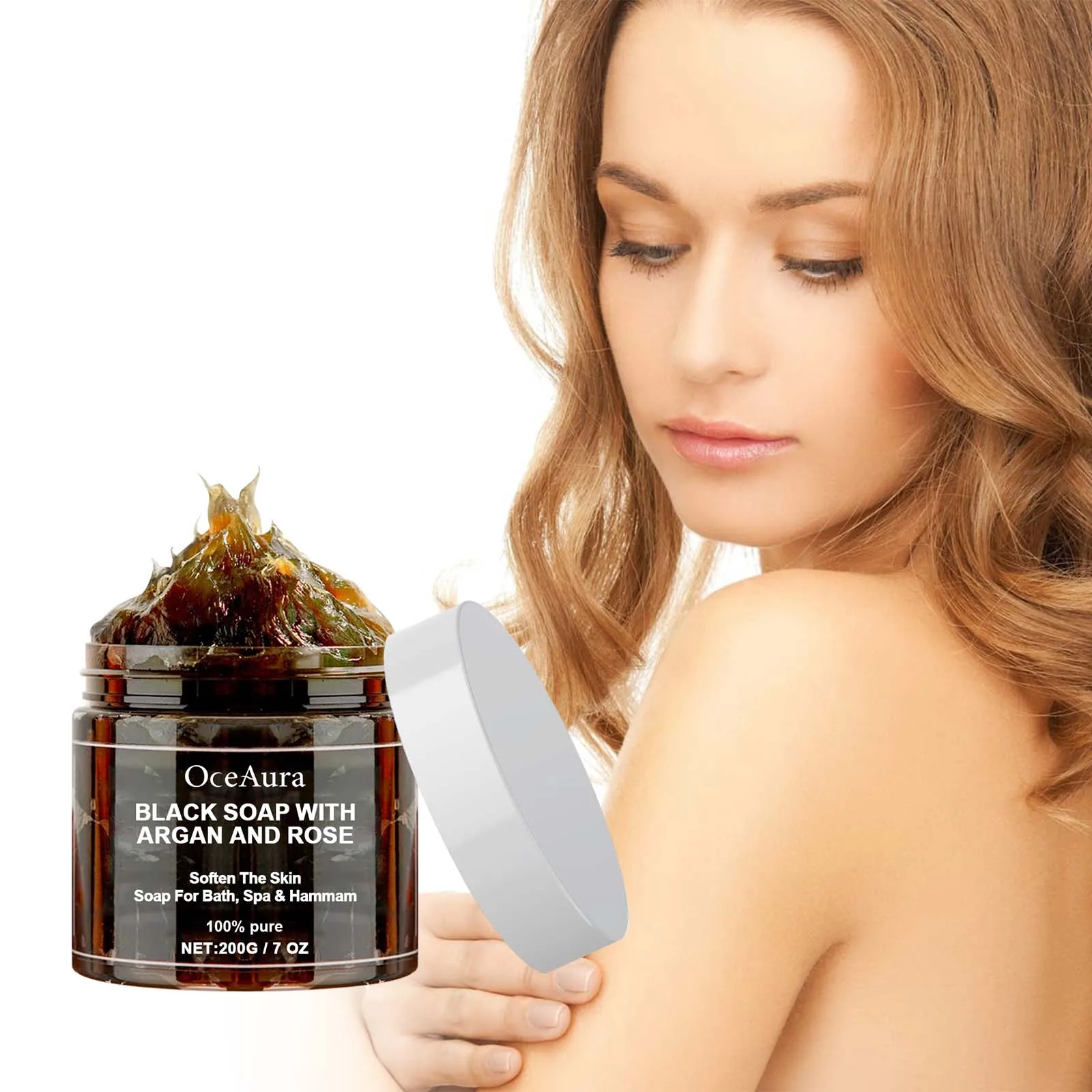 OCEAURA สีดําสบู่อาร์แกนและ Rose Lack Beldi สบู่เหมาะสําหรับ Dead Skin Remover Body Scrub Purifying ทําความสะอาดลึก 200g/7 Oz
