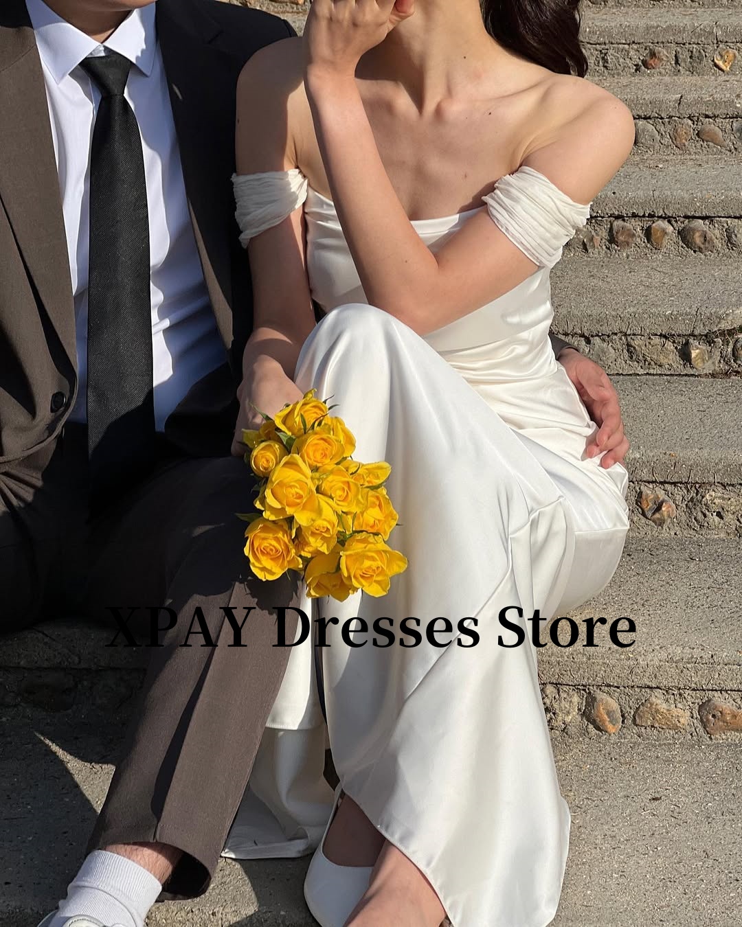 XPAY Abiti eleganti per ricevute di nozze con spalle scoperte Servizio fotografico coreano Abiti da sposa in raso di seta con corsetto sul retro Semplice personalizzato