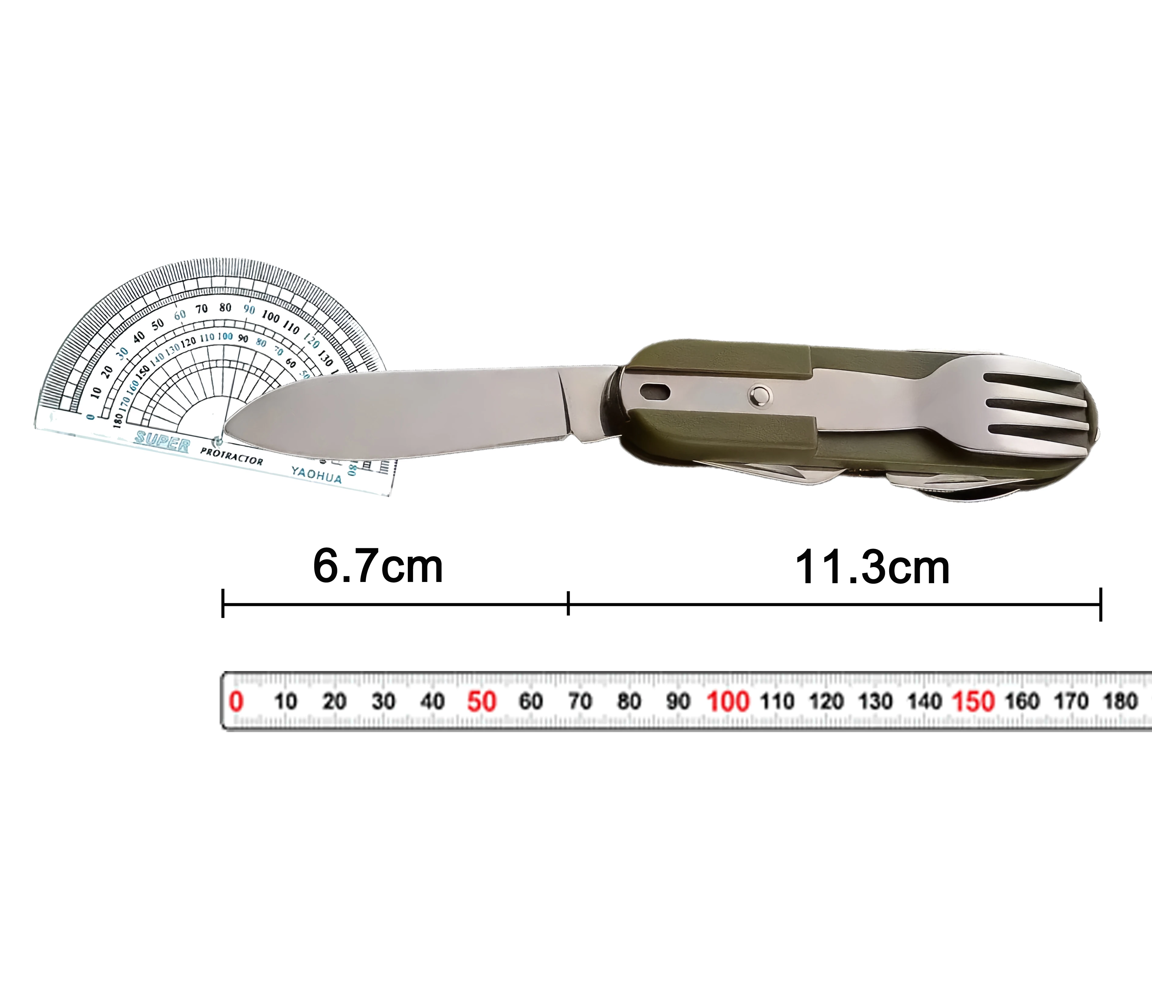 Outdoor 7-in-1 kampeeruitrusting Draagbare roestvrijstalen lepel, vork, mes, flesopener combinatieset Multifunctioneel EDC-gereedschap