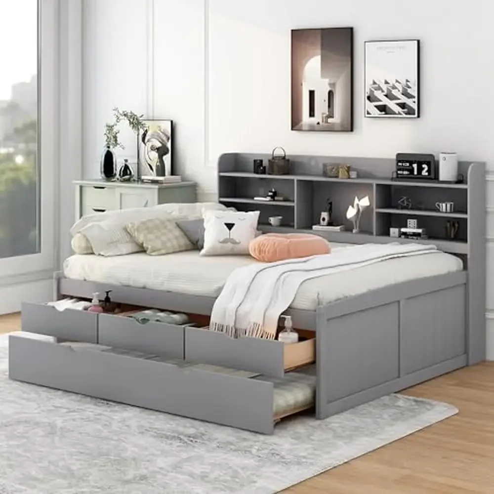 Full Size Captain Bed with Trundle and Storage Drawers Bookcase Wood Daybed Guest Bed Solid Pine Wood Slats 78.7"L x 104.6"W x