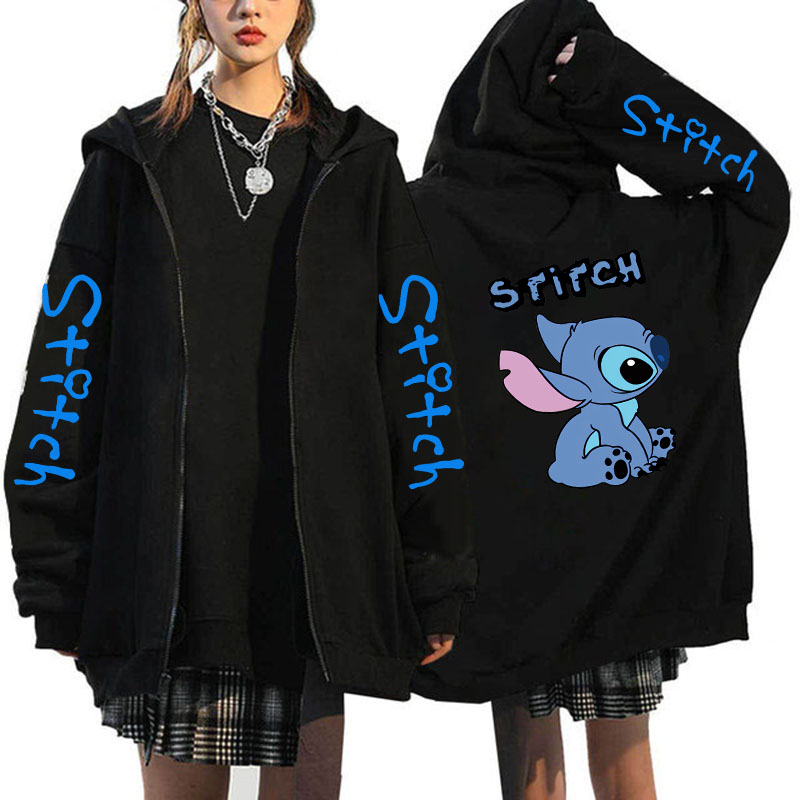 Übergroßer Pullover Damenbekleidung Kostenloser Versand Disney Lilo & Stitch Muster Zip-Up Hoodies Herbst Winter Langarm Warmer Mantel