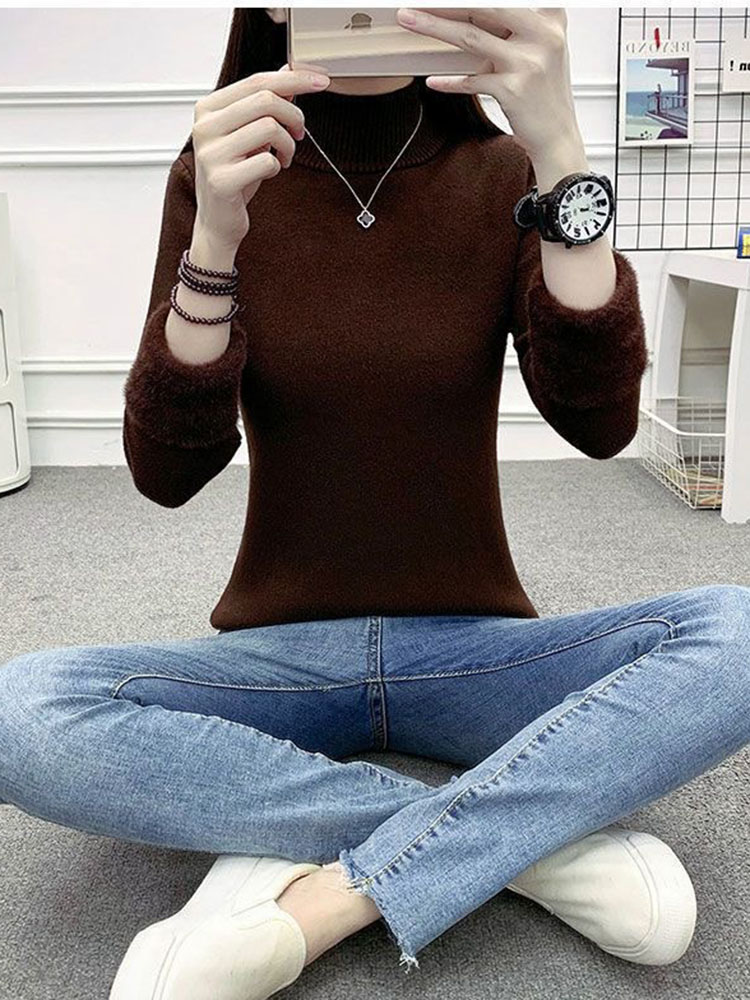 Slim Half Turtleneck Knitted Sweater Women Knitwears Velvet Lined Jumper Winter Warm Thicken Pullovers Soft Jersey Suete Tops