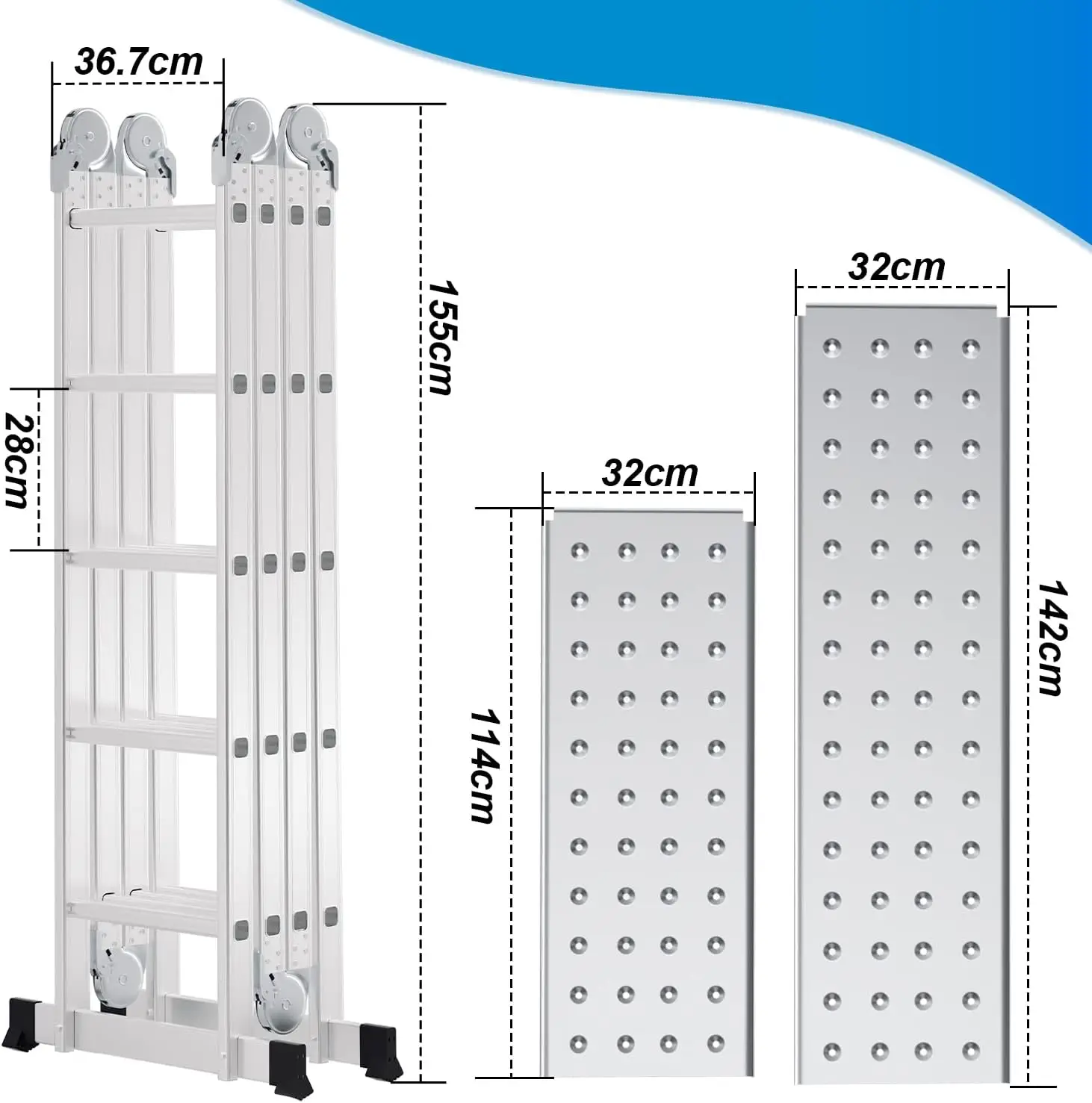 Scala multiuso in alluminio da 5.8m, 4x5 gradini, con piattaforma, 2 piastre per ponteggi, scaletta fino a 150kg, scala pieghevole con