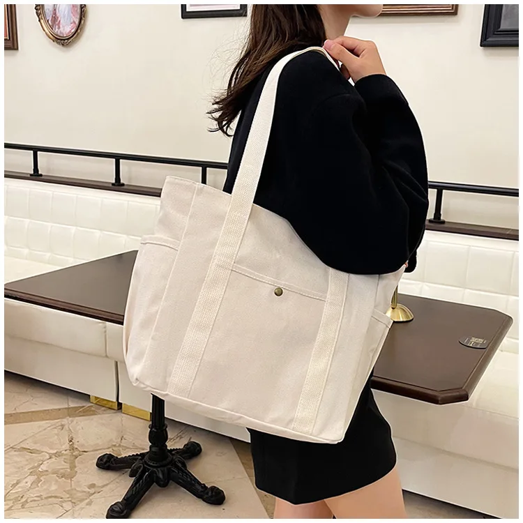 Borsa da donna in tela Borsa a tracolla con cerniera con tasca esterna multipla di grande capacità Borsa per studenti Shopping
