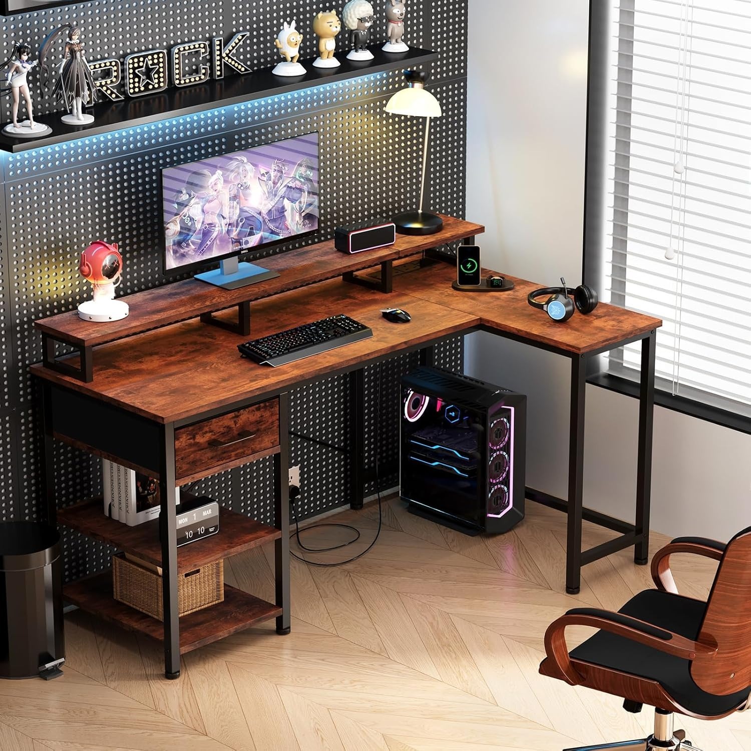 L Shaped Desk with Power Outlet Corner Computer Desk with Storage Shelves and Fabric Drawer, Study Writing Table Gaming Desk