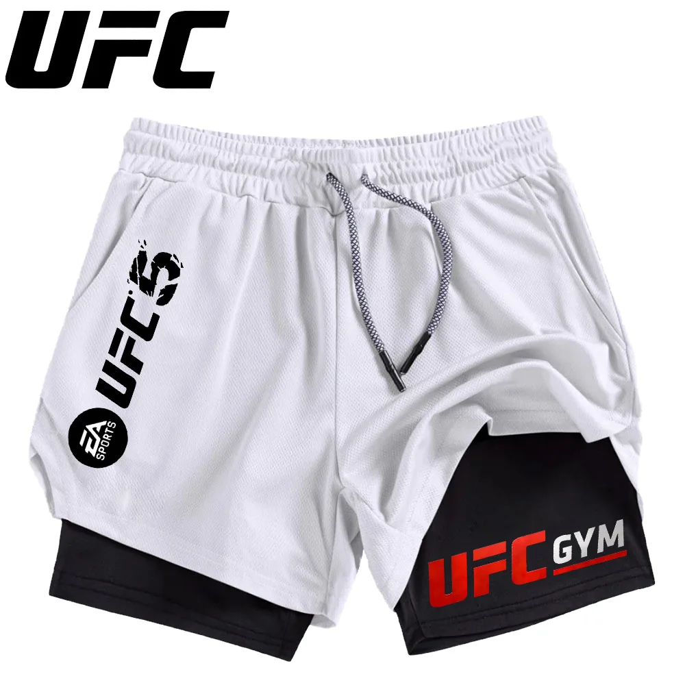 UFC Herren-Doppelschicht-Fitness-Shorts für Herren, Fitness, Fitnessstudio, Training, 2-in-1-Sport-Shorts, schnell trocknend, Workout, Joggen, Doppeldeck, Sommer