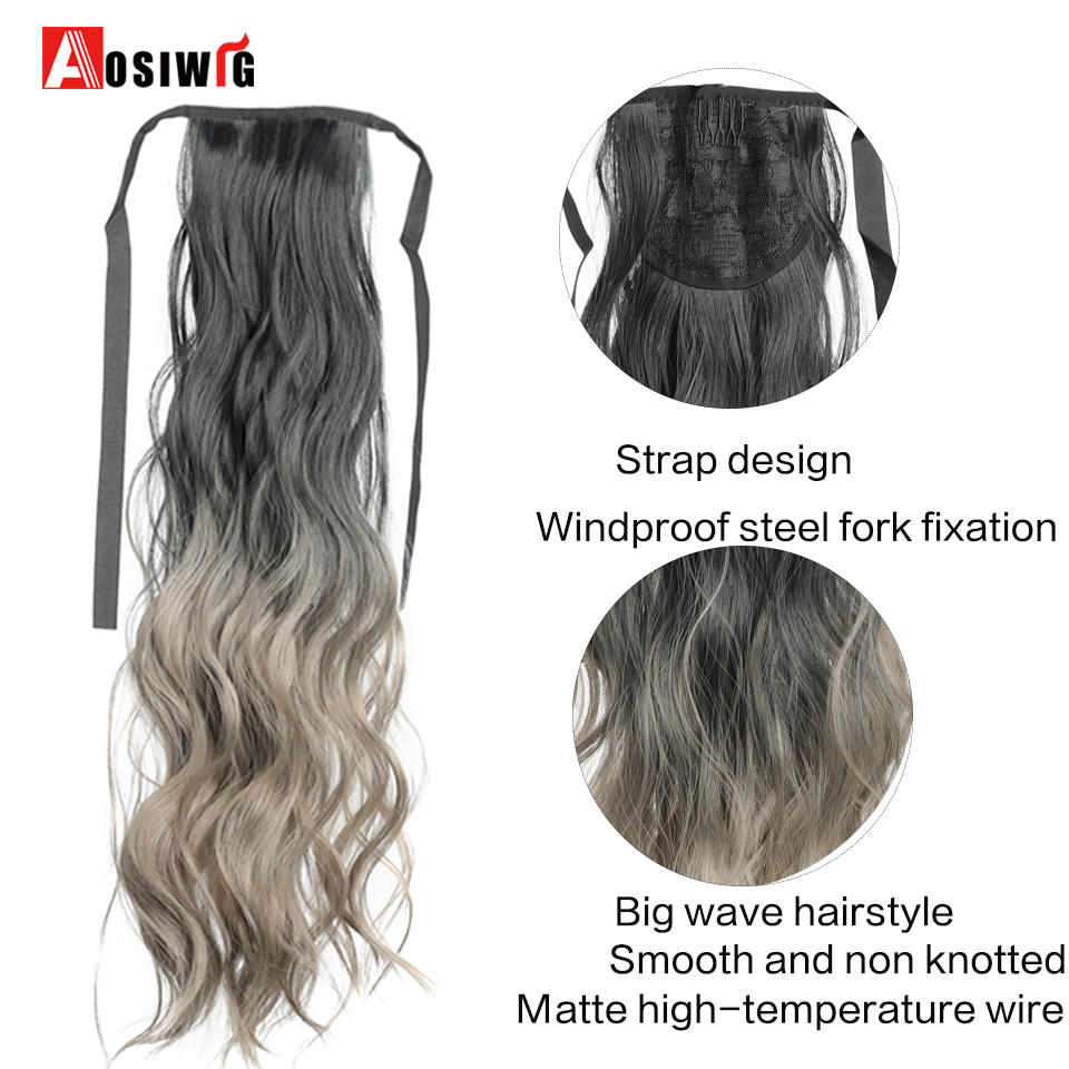 合成カーリーポニーテールヘアピース,カーリーヘアエクステンション,ブラック,グラデーション,ブルー,グレー,耐熱性,w用,24インチ