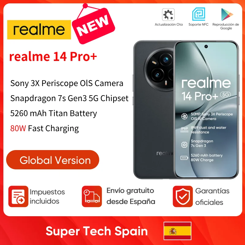 2025 realme 14 Pro + Smartphone 5g Snapdragon 7S Gen 3 6.83'' 120Hz Schermo Oled 5260Mah realme 14 Pro Plus Nfc Versione globale