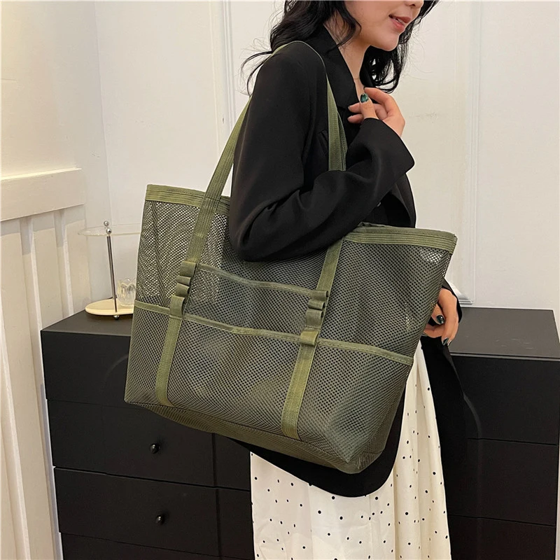 Bolsa de praia de malha portátil para mulheres maquiagem viagem armazenamento saco de lavagem verão viagem natação banho saco organizador shopper totes