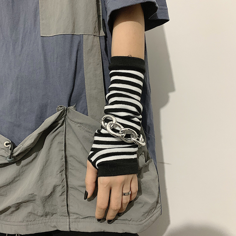 Guanti senza dita punk a maniche lunghe polsino per donna uomo guanti a gomito lavorati a maglia hip-hop a righe scaldamuscoli invernali elastici per esterni