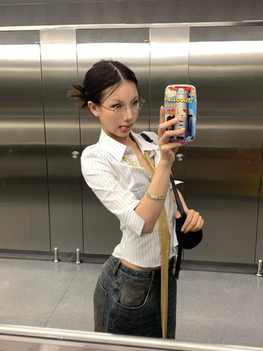 Genayooa 韓国ファッションシャツ女性ストライプスリークォータースリムシャツ Y2k ヴィンテージトップスストリート日本 2000 年代レトロシャツ