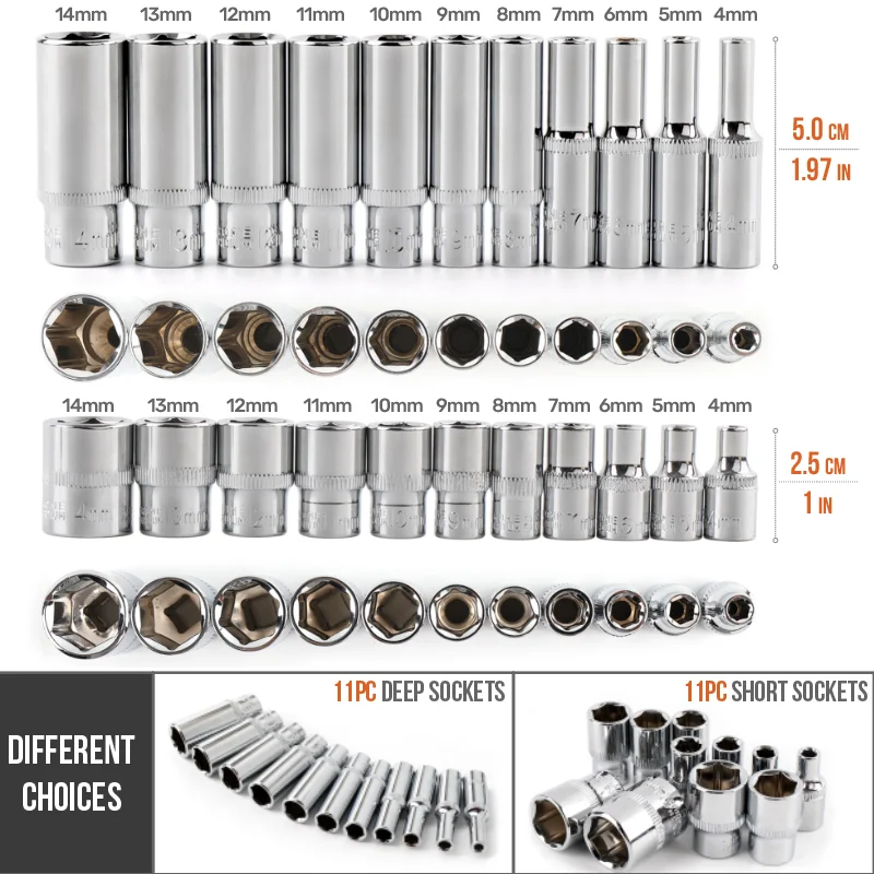 Ổ 1/4 "Bộ Ổ Cắm 6 Điểm Ngắn/Dài Sâu Ổ Cắm CRV Ổ Cắm Bộ Cờ Lê Bánh Răng Ổ Cắm Bit Đầu adapter Dành Cho Mô Men Xoắn Cờ Lê