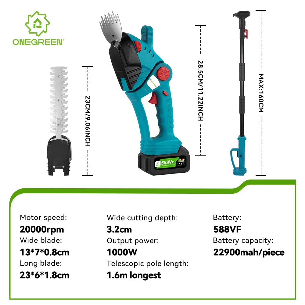 ONEGREEN 3 IN 1 Telescoping Pole Electric Hedge Trimmer 20000RPM Shrub Weeding Pruning Garden Power Tools For 21 18V Battery