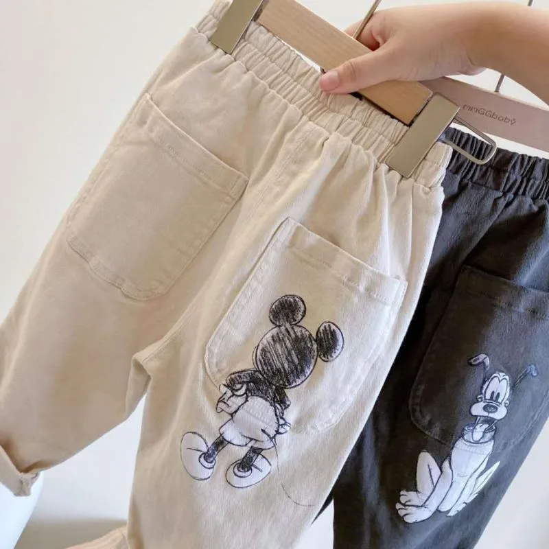 ฤดูใบไม้ผลิฤดูใบไม้ร่วงเด็กทารกตรงกางเกงเด็กใหม่การ์ตูน Mickey Mouse เย็บปักถักร้อยกางเกงยีนส์กางเกงเด็กกางเกงสบายๆ K2924