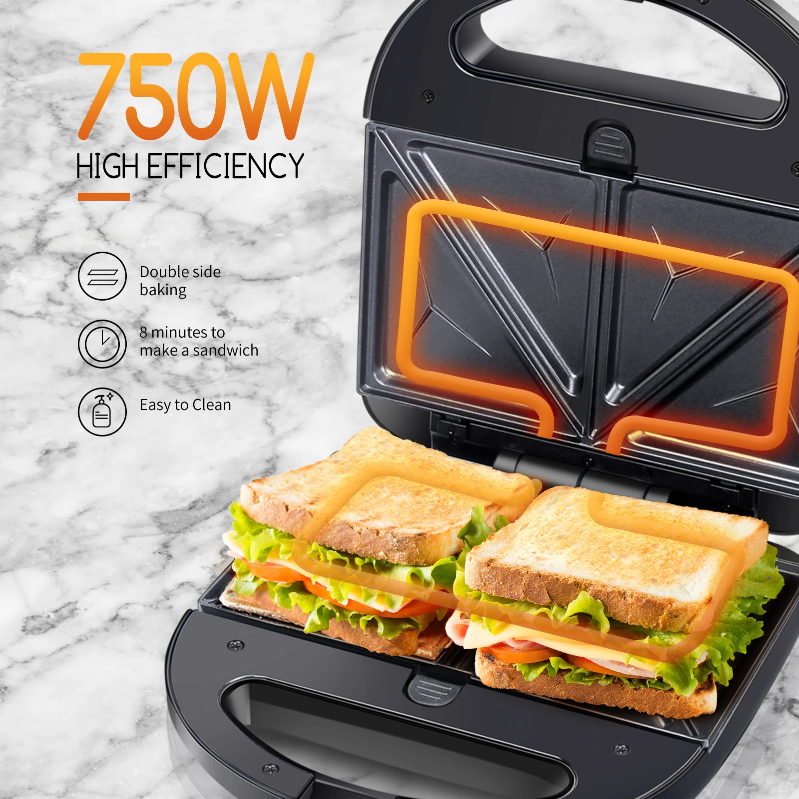 Sandwichera 3 en 1: Sandwichera Eléctrica, Grill y Gofrera, 3 Placas Desmontables Antiadherentes e Intercambiables, Termostato, Asa Tacto Frío, Almacenamiento Vertical, 750 W