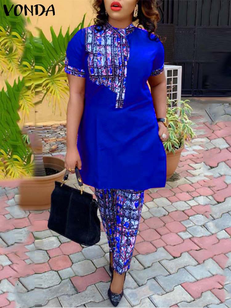 Vonda-女性のボヘミアンダンガリー,ヴィンテージプリントパンツ,スタンドカラー,半袖トップス,ロングパンツ,カジュアル,ラージサイズ,サマー,2024