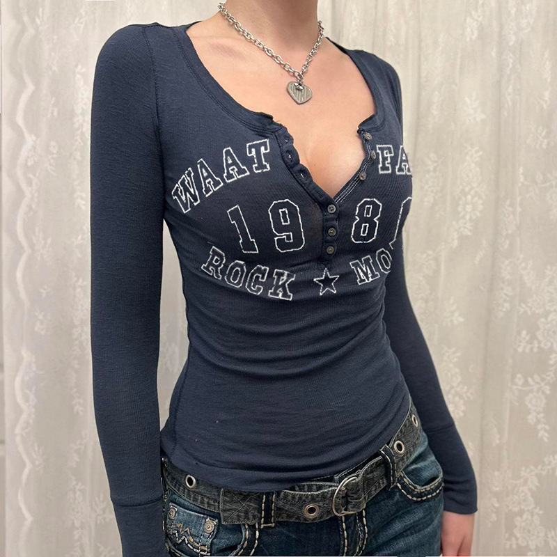 黒 Tシャツ女性秋レタープリントストリート長袖 O ネックボディコンセクシーなトップボタンファッションカジュアルスリム Tシャツ女性