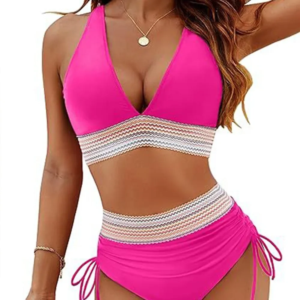 2024 Solid Color Drawstring Bikini Set Fashion High Waist Separate Patchwork Swimwear Drawstring Women Swimsuit Women