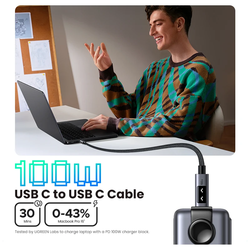 UGREEN UNO PD100W Cable USB C de carga rápida para iPhone 17 16 15 Cable de datos tipo C a tipo C para Samsung Xiaomi MacBook Cable de carga