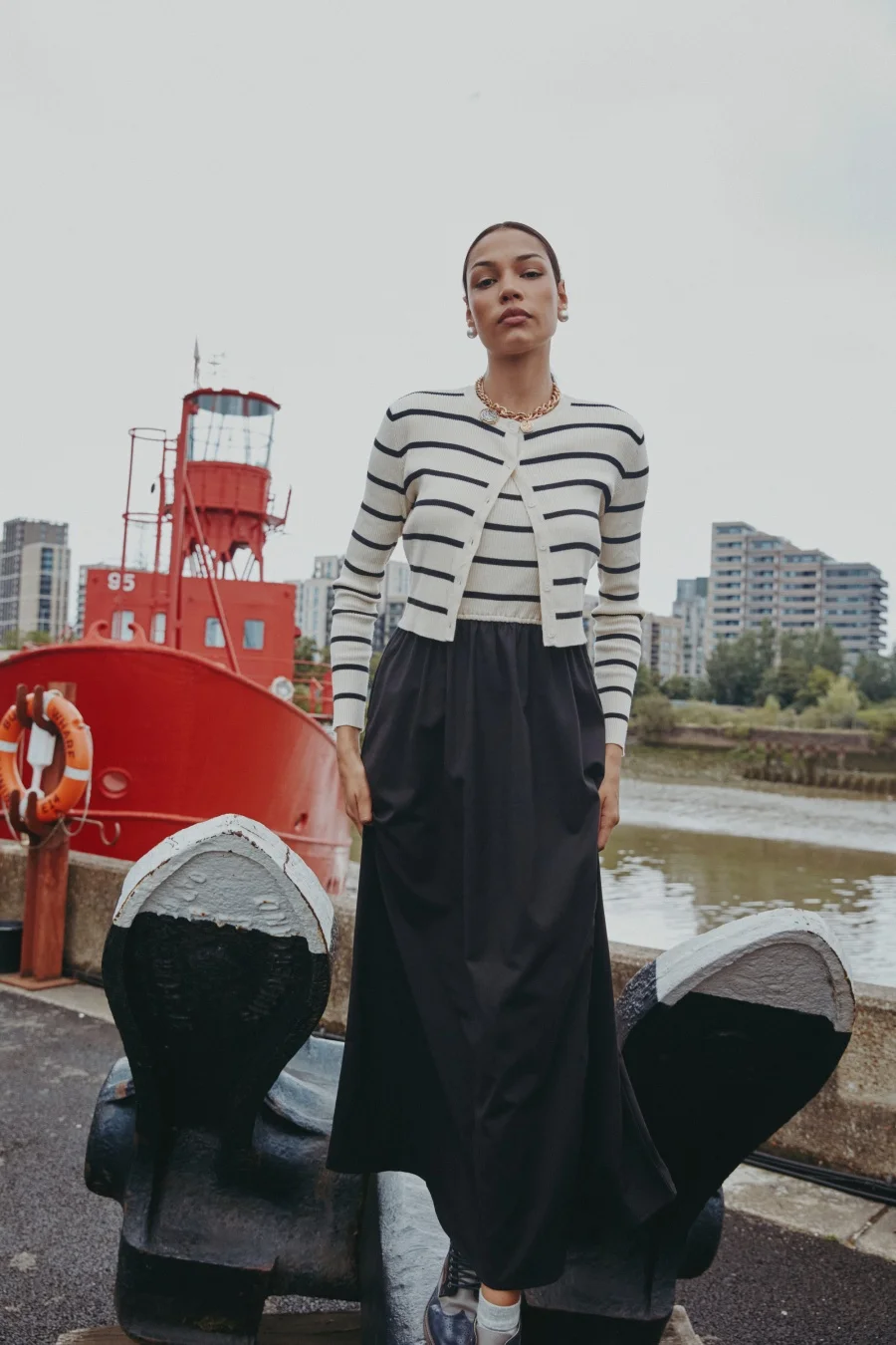 AS AW25 stripe knitting cardigan + sleeveless patch dress maxi matching set for woman clothing