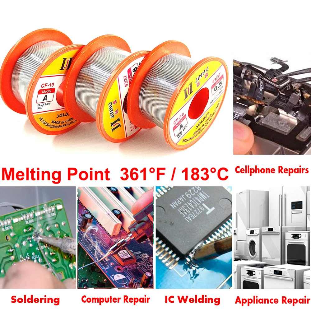 JINHU CF-10 บัดกรีลวดดีบุก 0.5/0.6/0.8/1.0 มม.63/37 ฟลักซ์ 2.0% 45FT Core บัดกรีบัดกรี-ลวดม้วนสําหรับ DIY