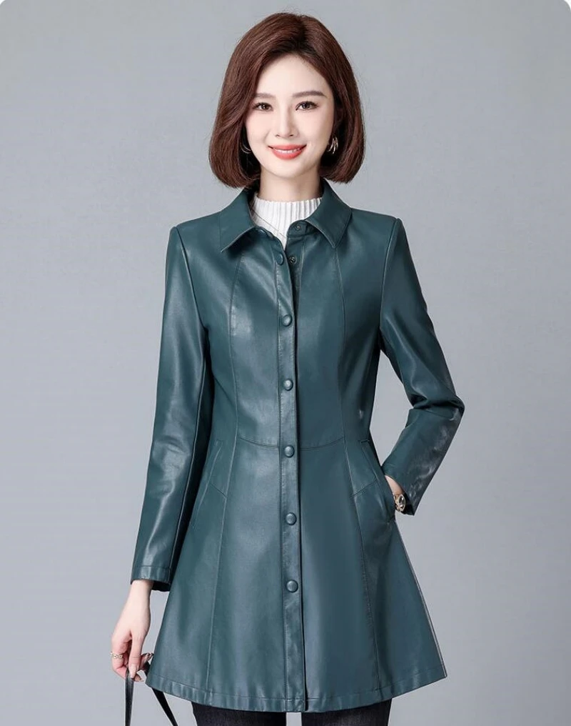 Neue Frauen Leder Trenchcoat Herbst Winter Mode Drehen Unten Kragen Dachte Taste Schlanke mittellange Leder Mantel Split leder