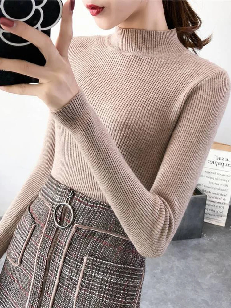 Herbst Winter Mock Neck Frauen Pullover Vintage Grundlegende Solide Strick Tops Beiläufige Dünne Pullover Koreanische Pullover Einfache Chic Jumper