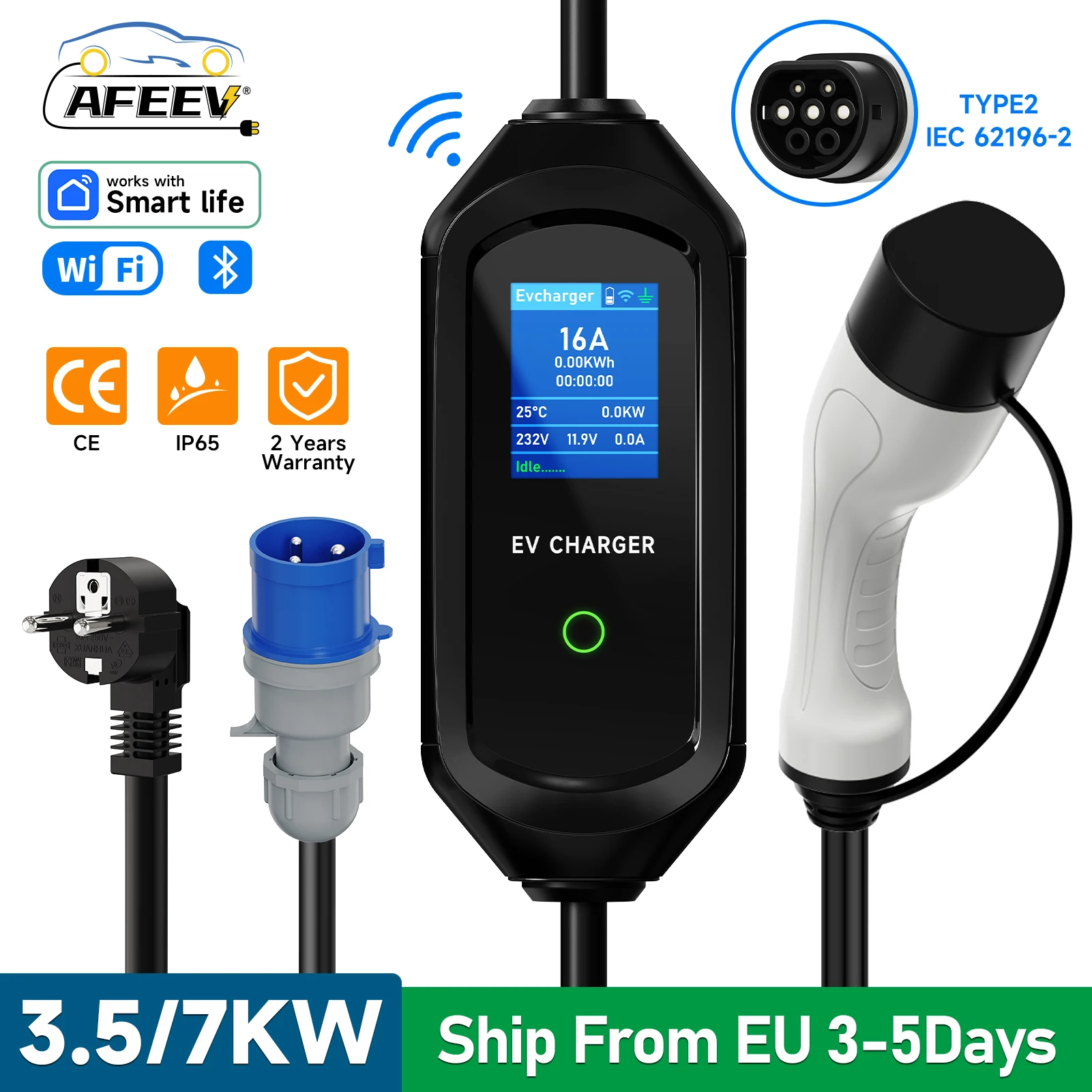 AFEEV 3,5/7KW cargador EV portátil Type2 IEC62196-2 cargador de coche eléctrico 16A EVSE Cable de carga rápida WiFi aplicación Bluetooth Control