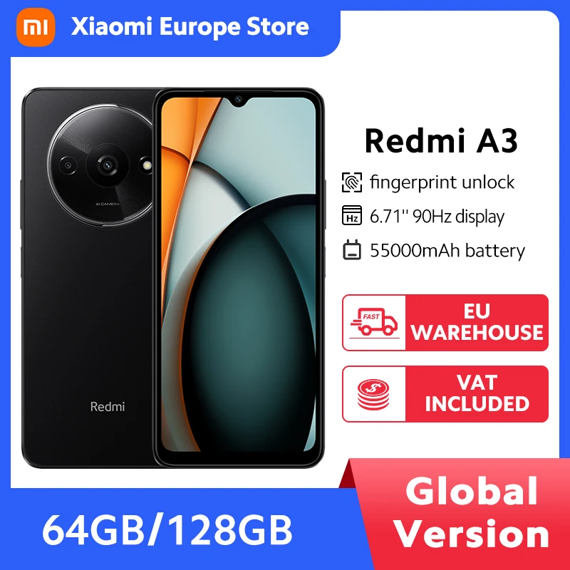 Versione globale Xiaomi Redmi A3 4GB 128GB Smartphone 6.71 "90Hz Display Impronta digitale laterale 5000mAh Carica rapida Registrazione 1920x1080