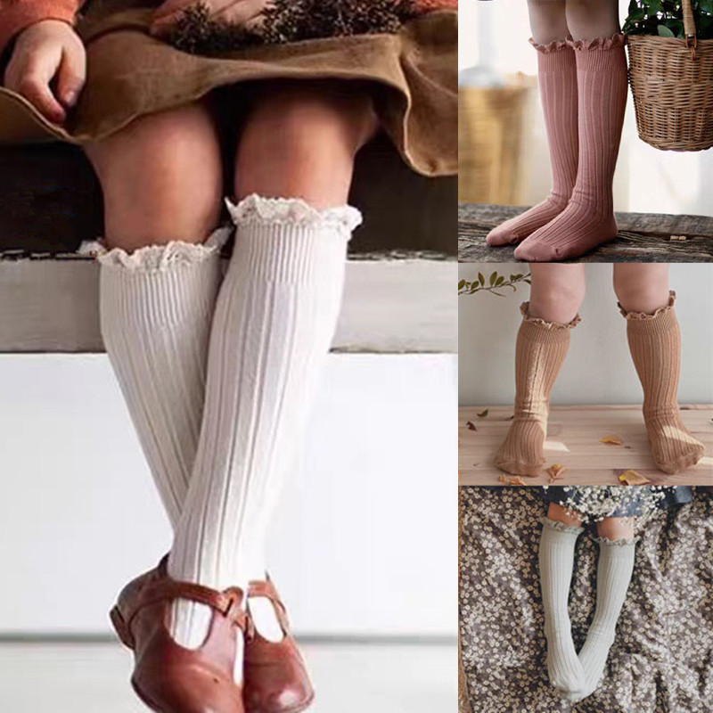 Calzini alti al ginocchio per bambini con volant neonate Toddlers calzini lunghi in cotone morbido fiore di pizzo calzini uniformi scolastiche per bambini per 0-8 anni