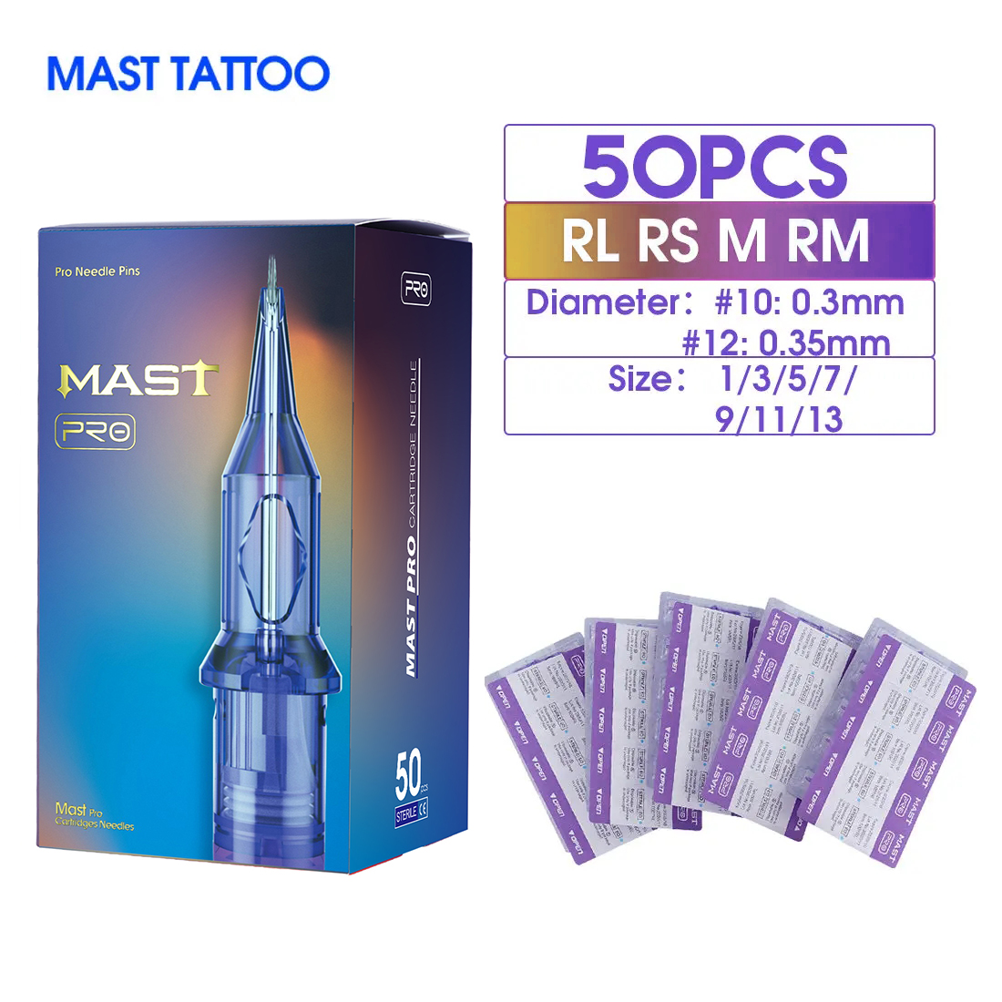 50 шт./кор. смешанные размеры RL/RS/RM/M Mast Tattoo PRO, иглы для картриджей, перманентные для тату-машины, 0,3 мм/0,35 мм