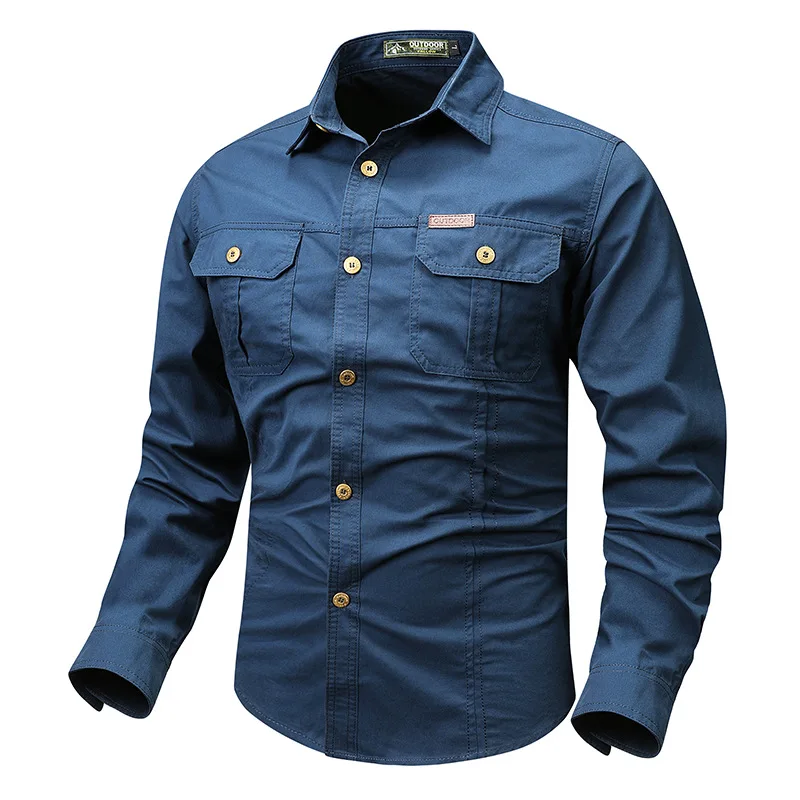 Camicia a maniche lunghe da uomo stile Cargo retrò con Design tascabile, camicia abbottonata casual da uomo per l'autunno primaverile Qutdoo
