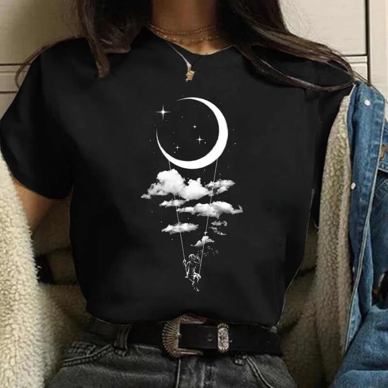 Maan Harajuku Grappige 90s Vrouwen T-shirt Meisje Cartoon Grafisch Gedrukt Zwart Dames T-shirt Casual Vrouw Shirt Kawaii tee Shirt