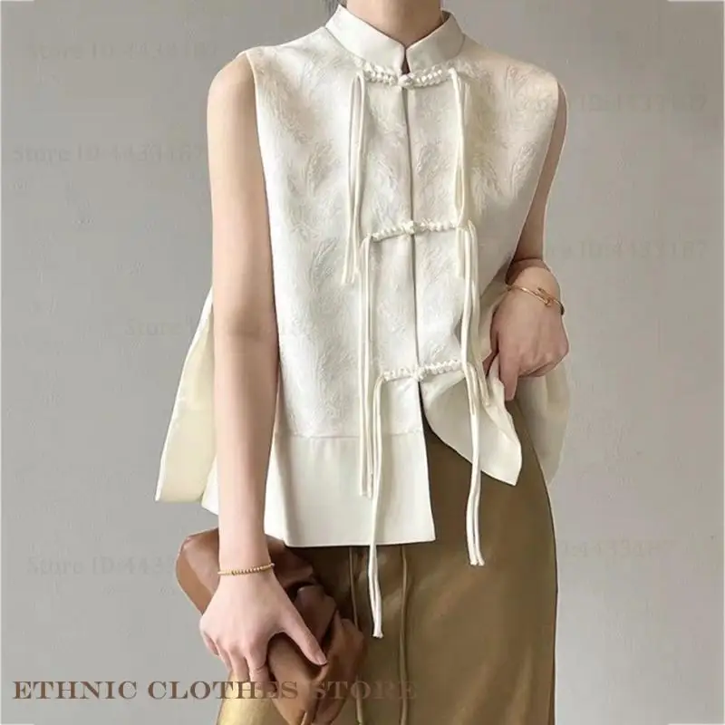 Mode Chinesischen Tang Stil Top Sexy Ärmelloses frauen Hemd Traditionelle Chinesische Kleidung Jacquard Schlank Qipao Cheongsam Bluse