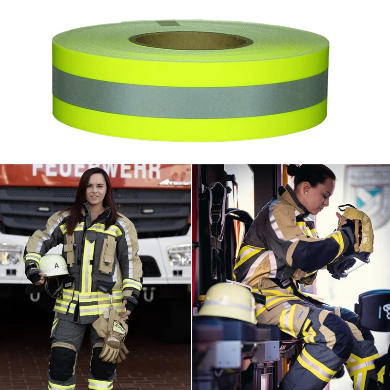 Tessuto riflettente ignifugo giallo fluorescente e rosso fluorescente cucito su nastro di avvertimento ignifugo per indumenti di sicurezza