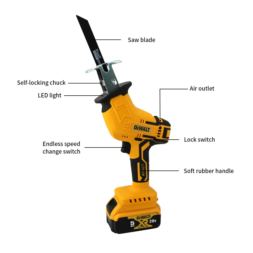 DEWALT 무선 전기 왕복 톱, 목재, 금속, 파이프, 나무 절단용 배터리 없음, 블레이드 4 개, 휴대용 전동 공구