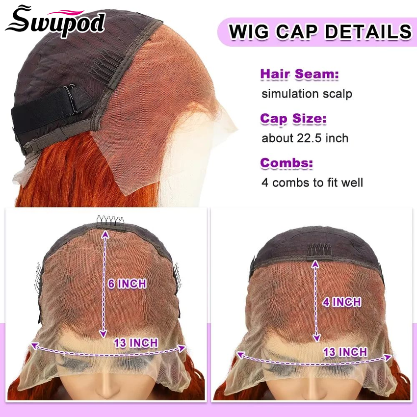 Swupod-Perruque avant en dentelle HD transparente pour femme, vague profonde, cheveux humains Remy, vidéo orange 220% # adt bouclés, densité 350, 13x4, 13x6