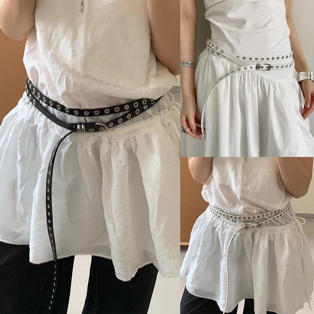 Заклепки с люверсами DIY Wear поясной ремень из искусственной кожи двойной круг поясная цепочка завязанный удлиненный тонкий пояс двухслойный ремень с отверстиями