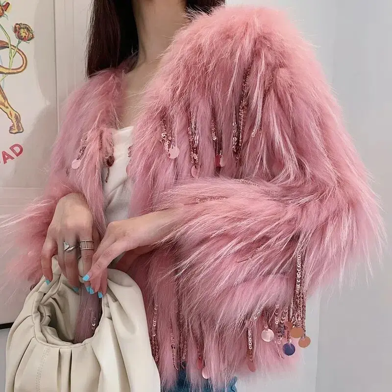Winter Faux Fox Pelz Gras Pailletten Quasten Mantel Frauen kurze Imitation Waschbär Fell Perlen Fransen Bomber jacke Strickjacke abrigo