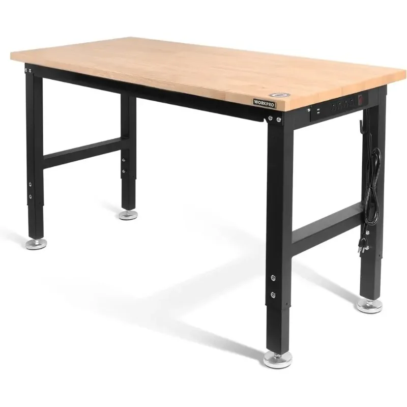 Rubber Wood Top Heavy-Duty Workstation, 2000 LBS Load Capacity Hardwood Worktable with Power Outlets
