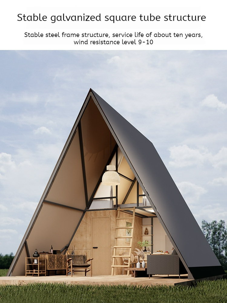Barraca triangular oxford de dupla camada, tubo quadrado galvanizado, dois andares, cabine de villa, anti-luz, luxo, chuva, acampamento, glamping