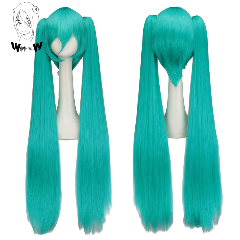 WHIMSICAL W Cabelo Sintético Miku Cosplay Peruca Longa Verde Resistente ao Calor Perucas de Festa com 2 Clipes Perucas de Rabo de Cavalo
