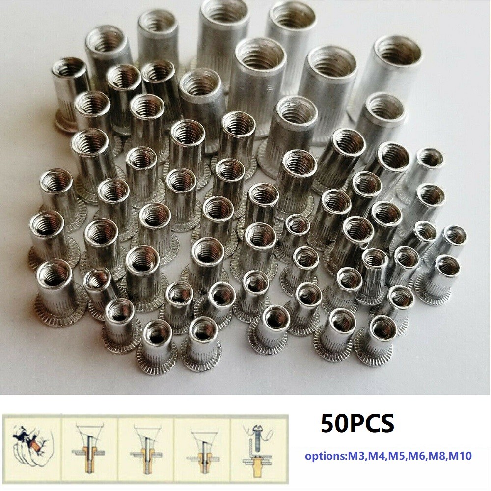 50Pcs Rivet Nut M3-M10 Thread Stainless Steel Flat Head Rivet Nut  Insert Nut Hand Rivet Nut Gun Head Manual Riveter Tool Kit