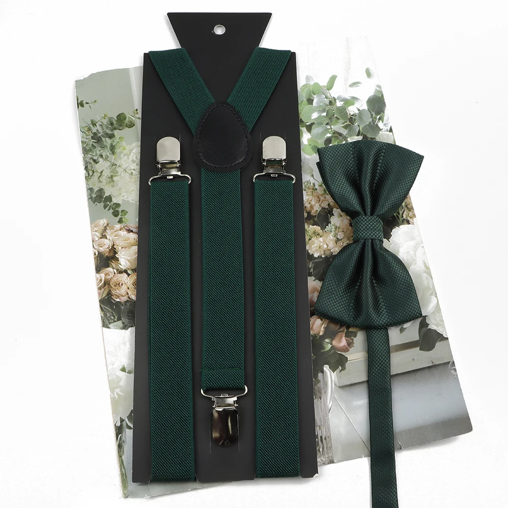 Fashion Suspender Bow tie Set Solid Colour Bowtie With Braces Elastic Adjustable 3 Clips Y-back Straps Butterfly Party Wedding