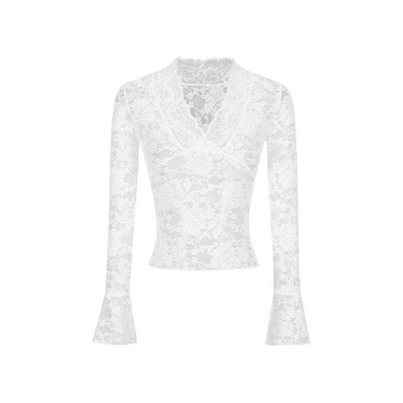 Sexy V-Neck Sheer T-Shirts Fashion Women Flare Long Sleeve Spring Lace Slim Pullovers Tops Casual Evening Party Club Chic Tees