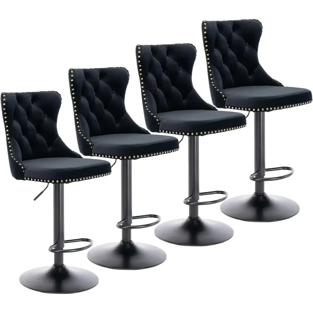 Bar Stools Set of 4 Adjustable Counter Height Barstools with High Back Button Tufted and Nailheads Trim Velvet Upholstered