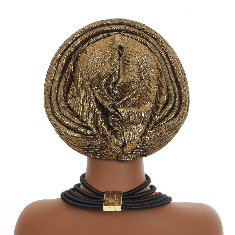 Gorro turbante africano ya hecho, tocado de fiesta nigeriano, envolturas para la cabeza para mujer, gorro plisado con purpurina, gorro de Gele para automóvil