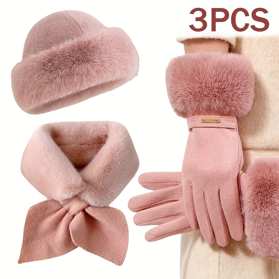 3-piece winter warm suit, warm fur hat, gloves scarf hat set, windproof and thick, suitable for outdoor activities